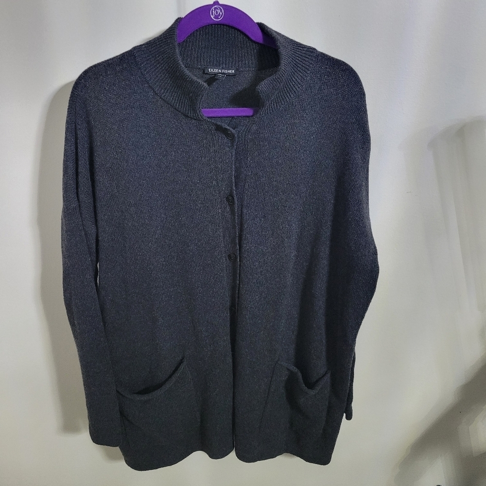 Eileen Fisher Org. Cotton & Cashmere Gray Button Cardigan Pocket Sweater, Size S
